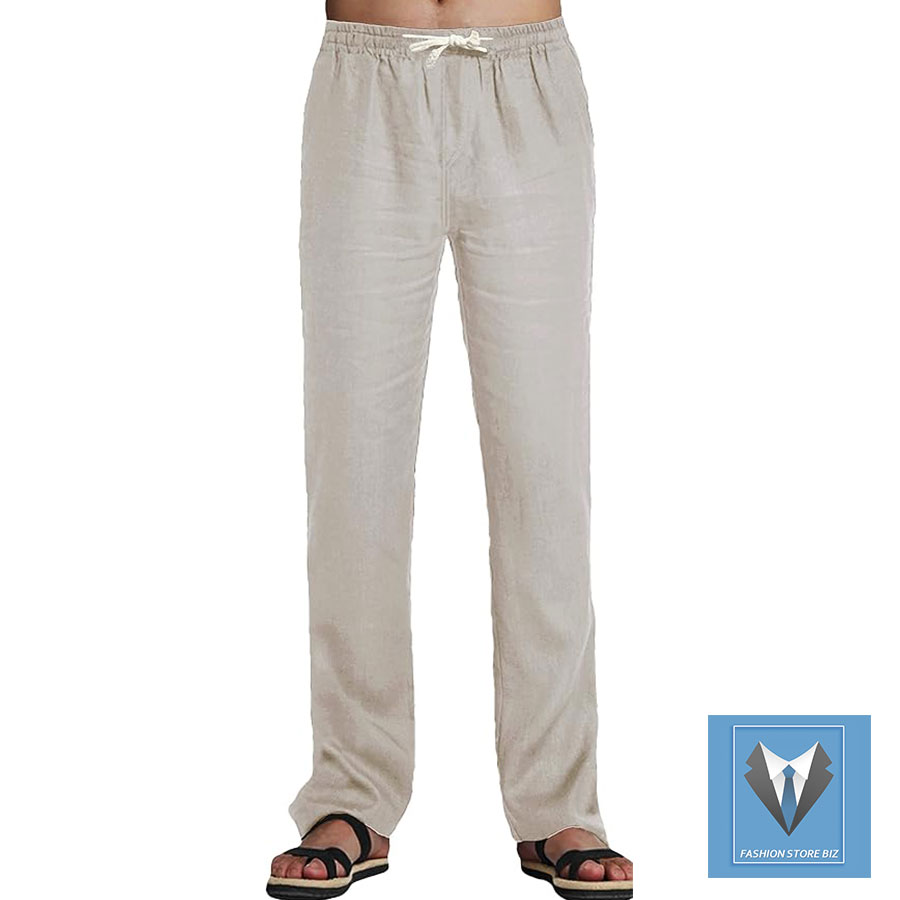 Men’s Fitted Cotton-Linen Drawstring Pants – High-Rise Elastic Waistband with Pockets